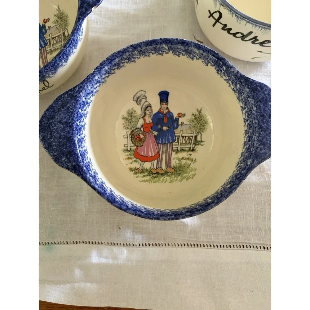 French Folk Art Breton Bowls And Cafe Any Lait Cup Handpainted And Signed Blue
